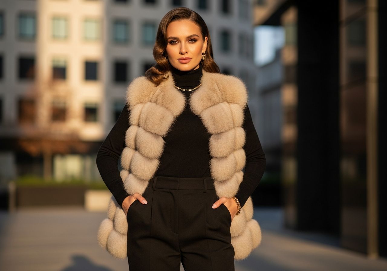 Stylová žena v béžové kožichové vestě a černém roláku v městském prostředí za zlaté hodiny