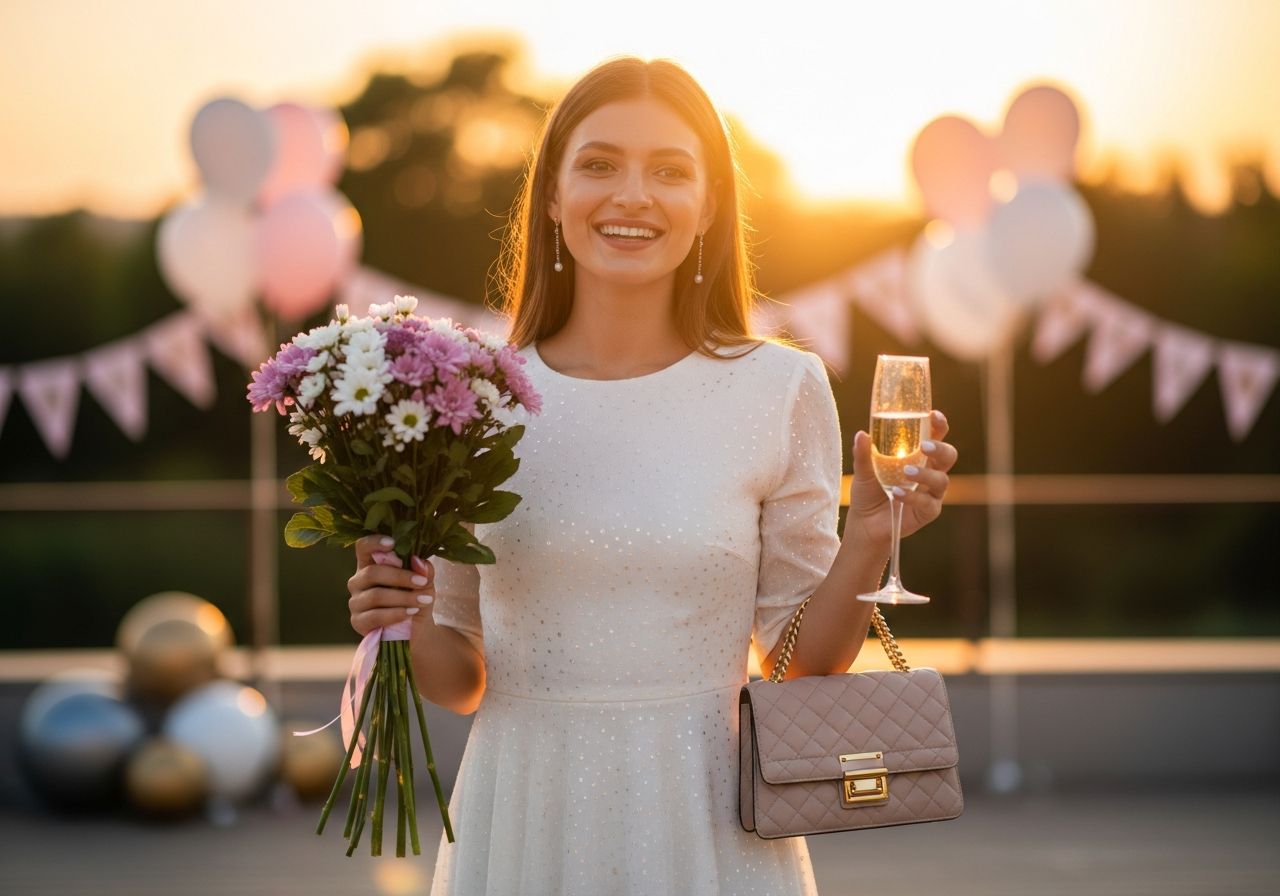 Stylová žena v bílých šatech s kyticí a sklenkou šampaňského na rozlučce se svobodou při západu slunce