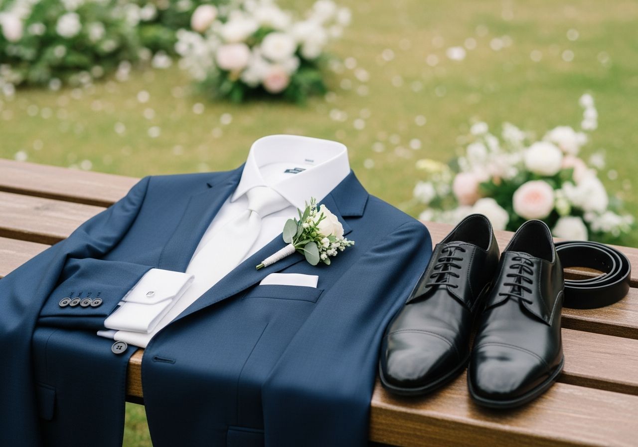 Elegantní tmavě modrý svatební oblek s bílou košilí, černé boty a opasek na dřevěné lavici v zahradě