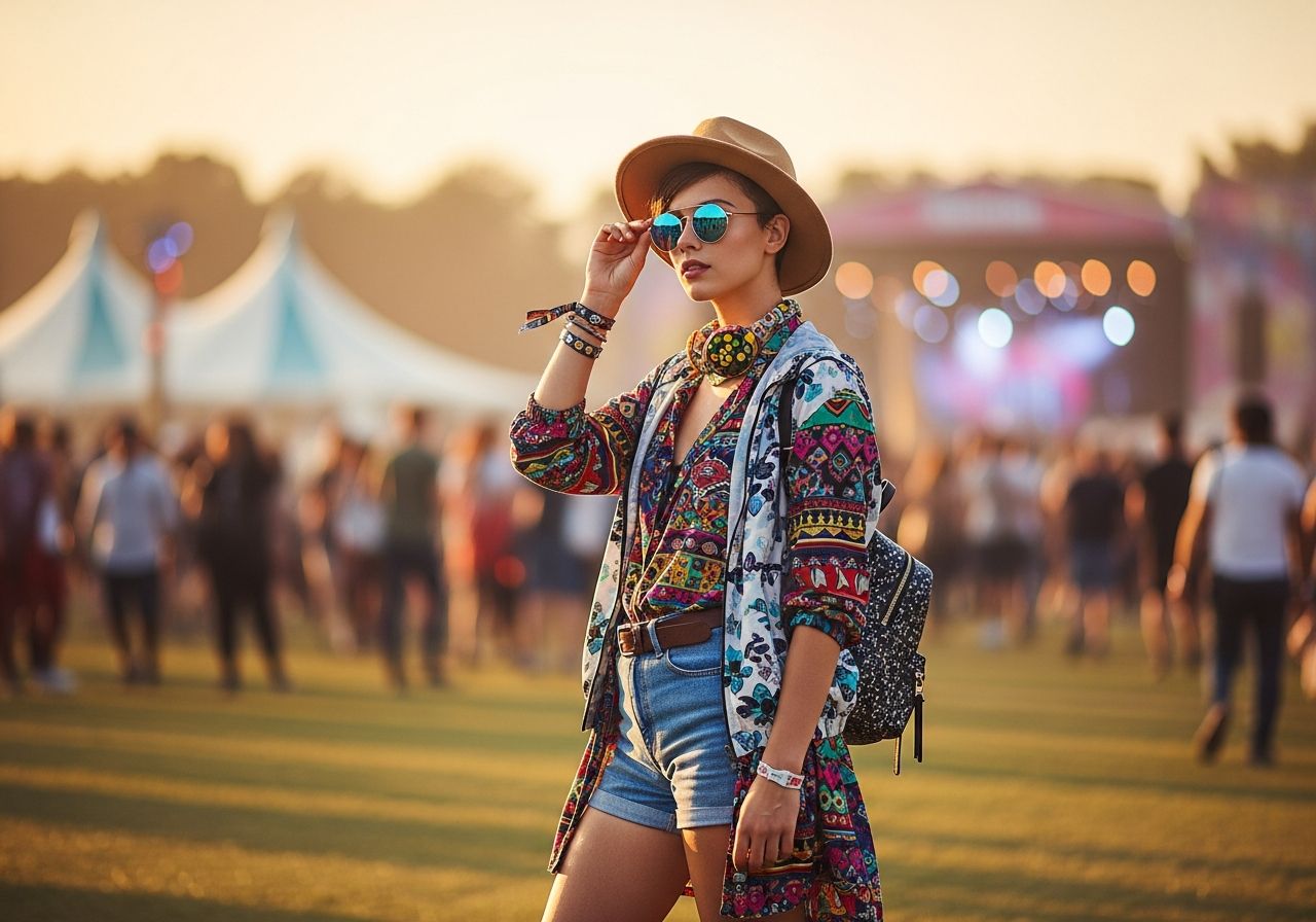 Mladý člověk v barevném festivalovém oblečení na venkovním hudebním festivalu za zlaté hodiny.