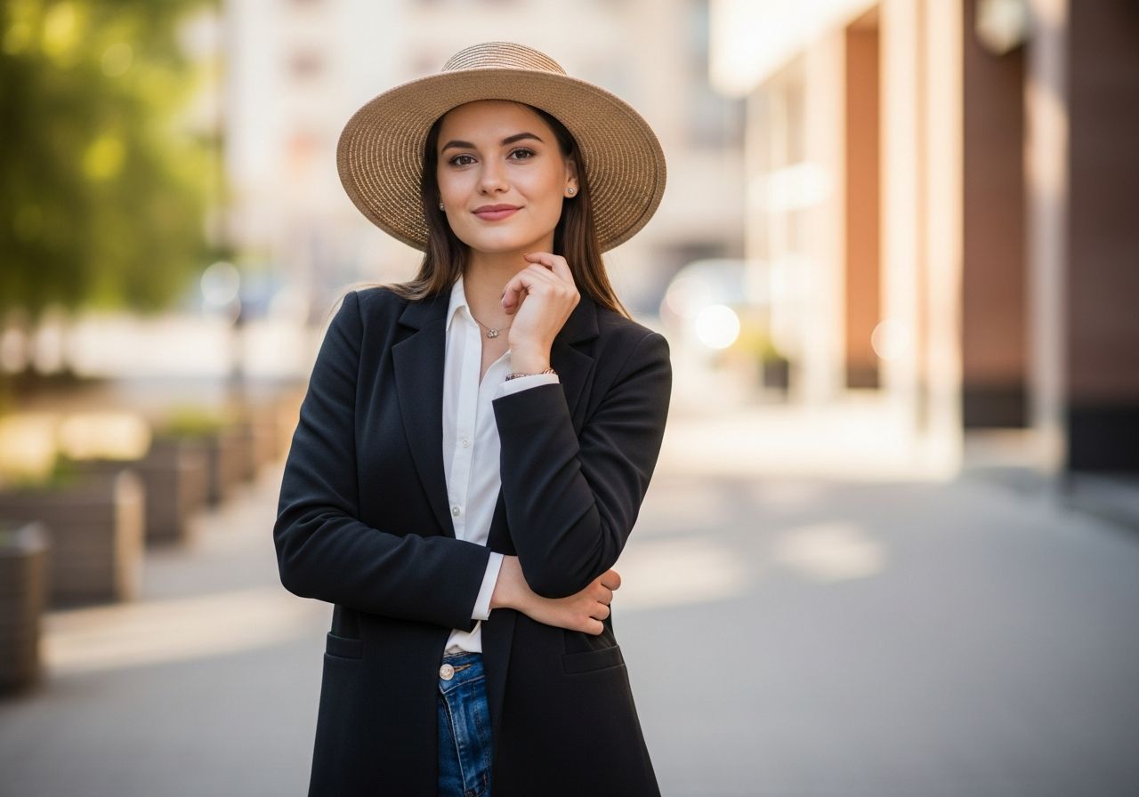 Stylová žena v klobouku stojí venku s lehkým úsměvem a městským pozadím.