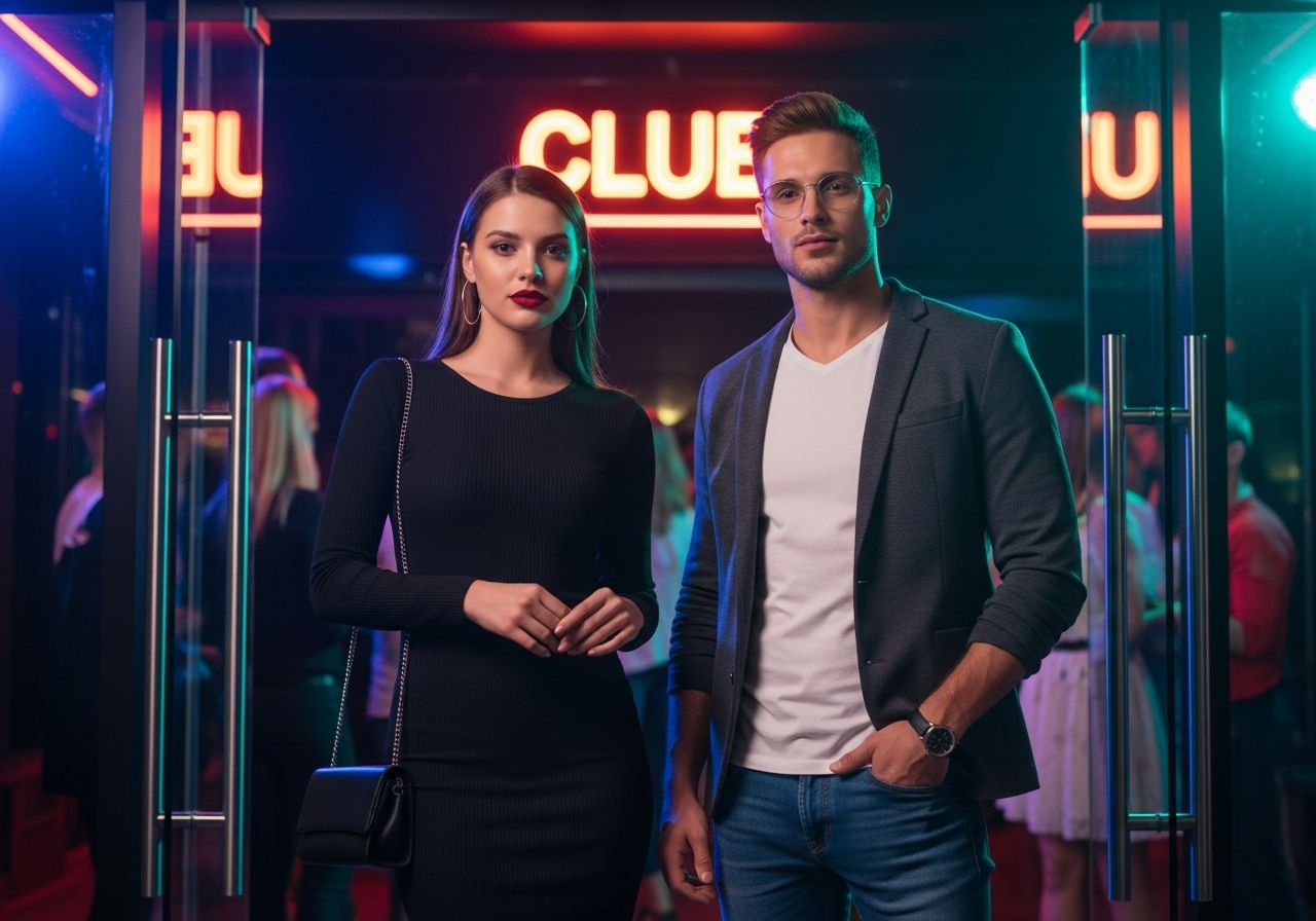 Stylový pár před moderním nočním klubem pod neonovými světly s rozmazaným davem v pozadí
