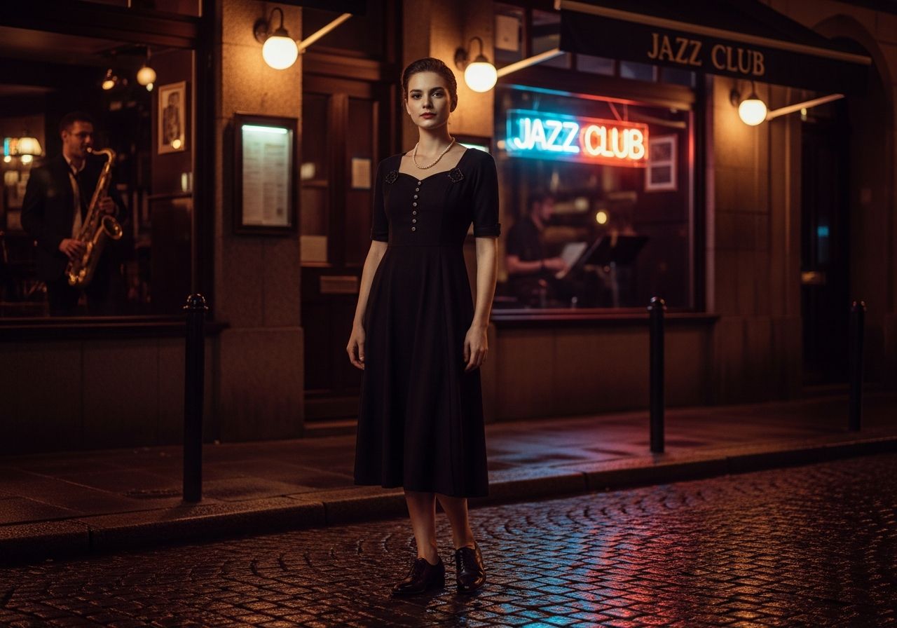 Mladá žena v černých šatech stojí před jazzovým klubem za deštivého večera, saxofonista v pozadí.