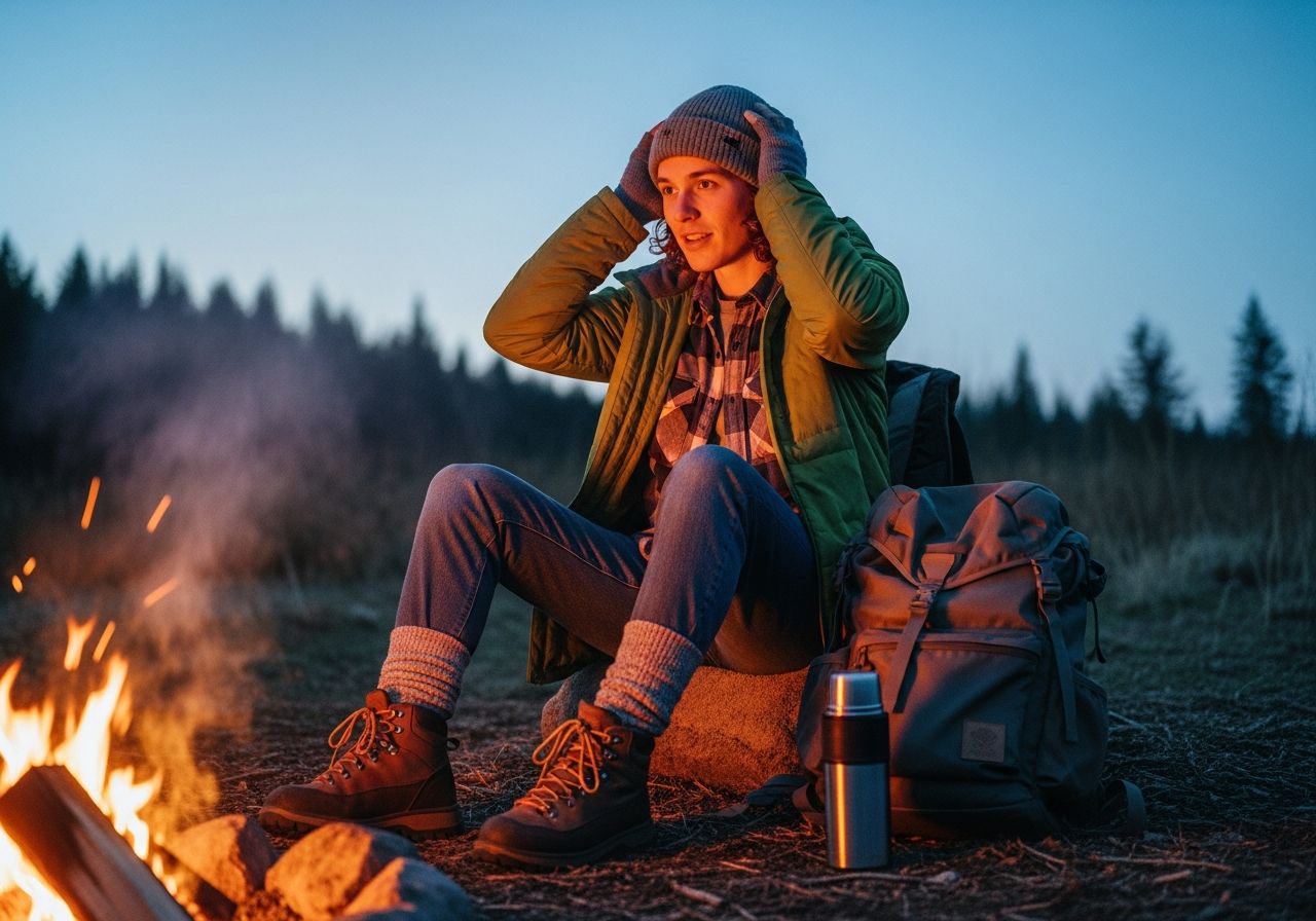 Mladý člověk u ohně v lese večer upravuje čepici, oblečený v outdoorovém oblečení.
