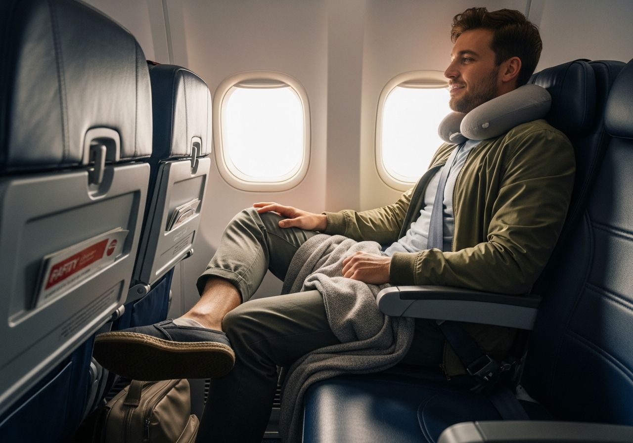 Mladý cestovatel ve dne v letadle u okna s polštářkem na krk a batohem na podlaze