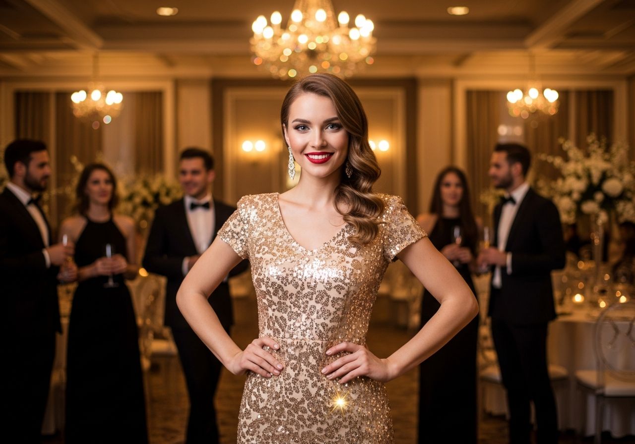 Mladá žena ve zlatých šatech na elegantní večírku v luxusní místnosti s rozostřenými hosty kolem.