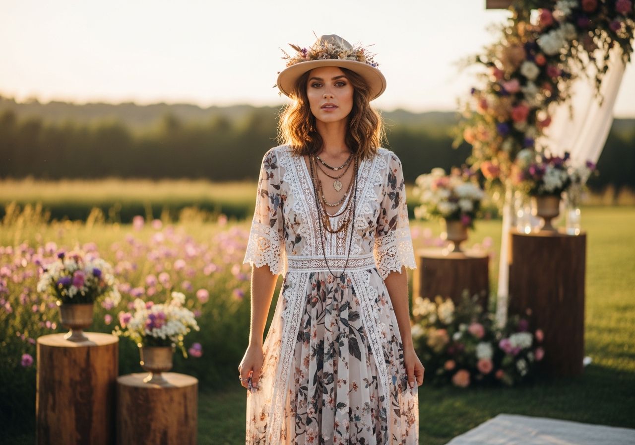 Žena v boho šatech s kloboukem stojí na venkovní rustikální svatbě za zlaté hodiny.