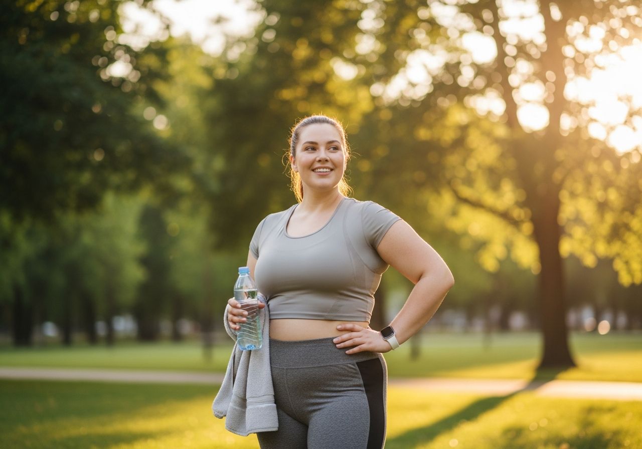Šťastná žena ve sportovním oblečení drží lahvičku vody v parku při západu slunce.