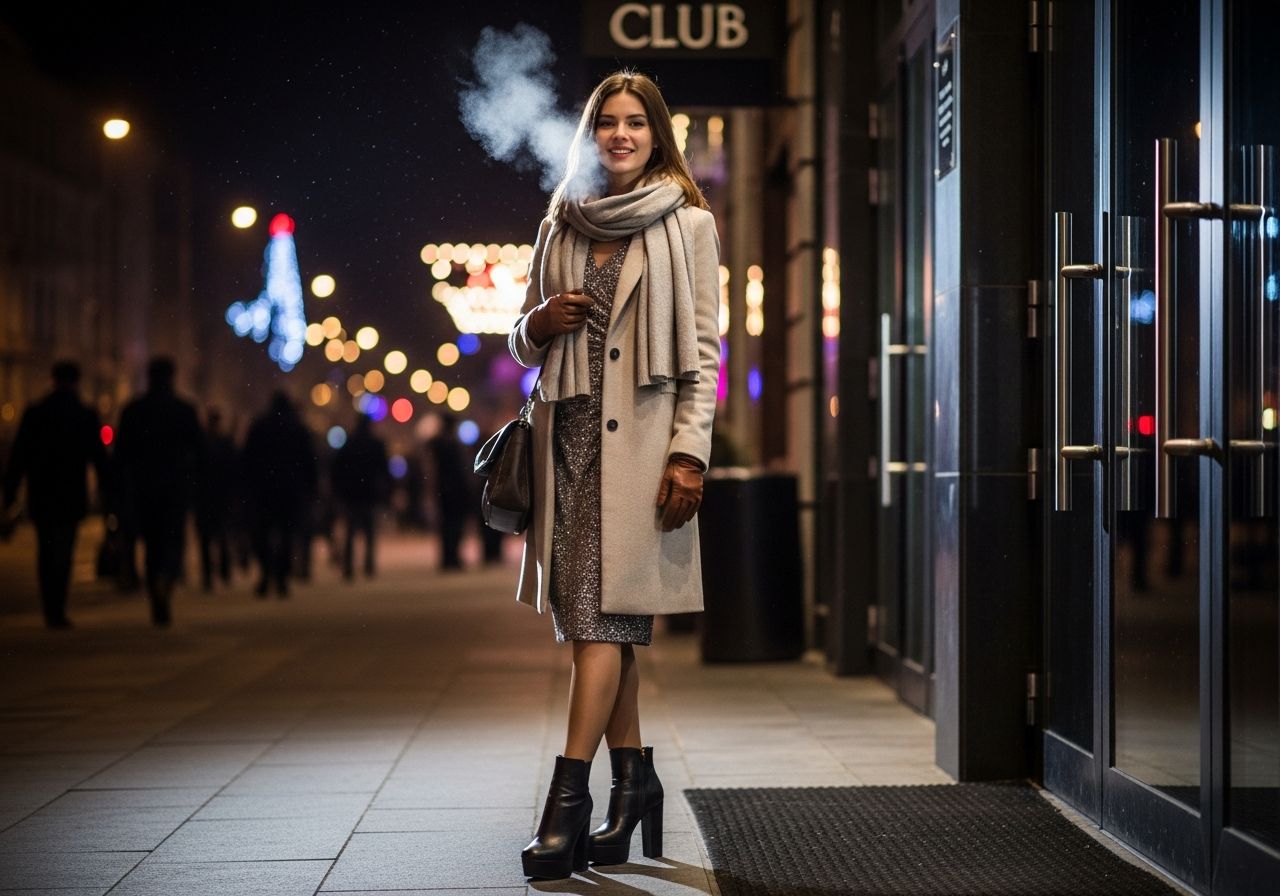 Stylová žena v zimním kabátu a šatech stojí před klubem v chladné večerní atmosféře