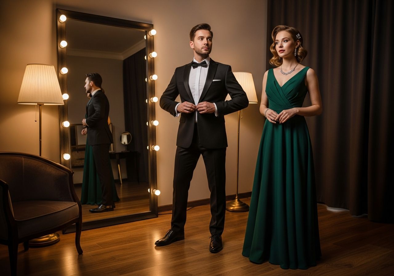 Muž a žena připravující se na galavečer v elegantní místnosti před zrcadlem ve večerních róbách.
