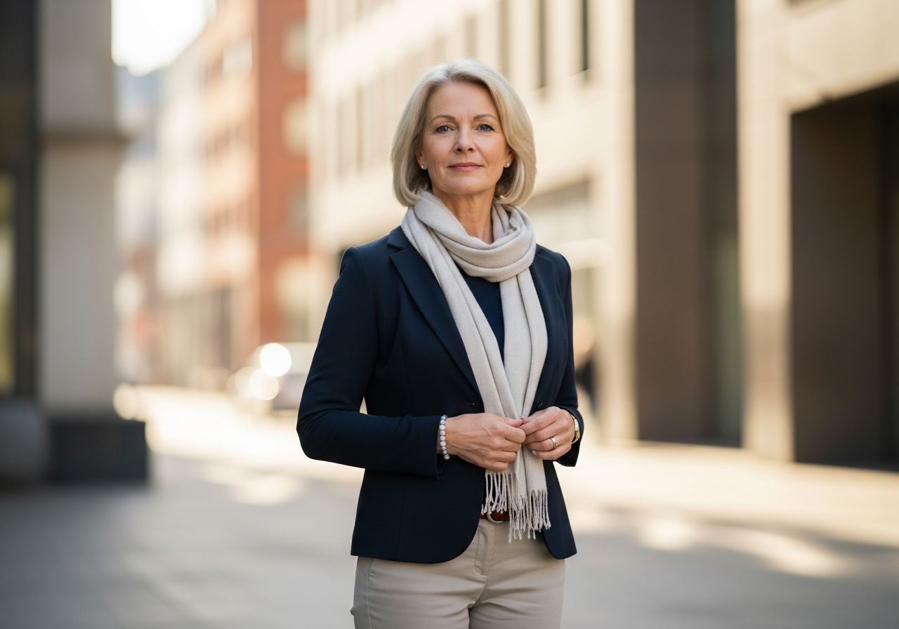Stylová žena kolem 50 let stojí v moderním městském prostředí s přirozeným světlem.
