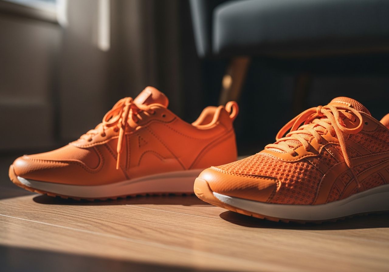 Oranžové boty na dřevěné podlaze, jeden casual, druhý sportovní, v moderním interiéru, denní světlo.