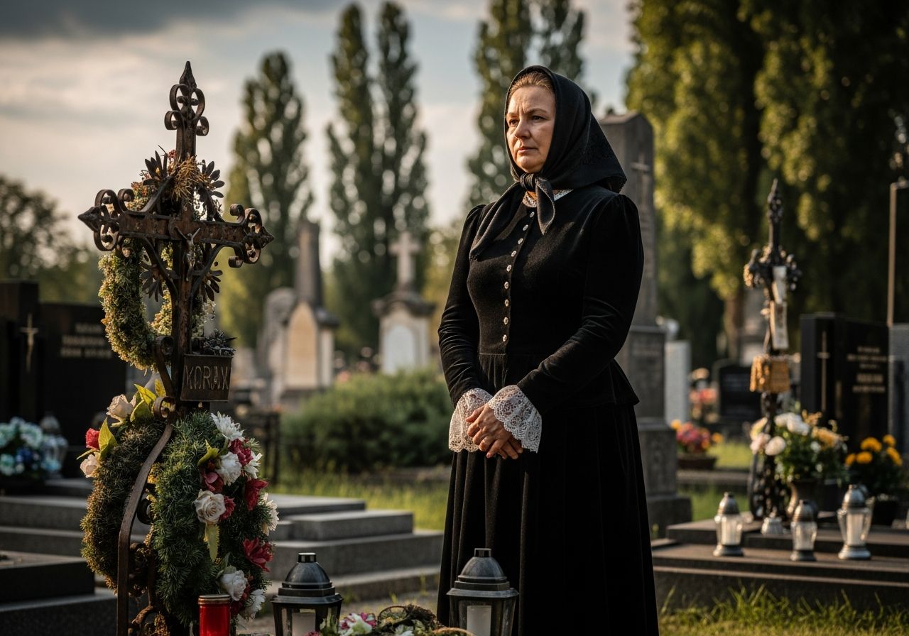 Žena v tradiční černé smuteční róbě u starého železného kříže na hřbitově za šera