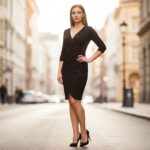 Stylová žena v černých šatech stojí sebevědomě na rozostřené městské ulici.