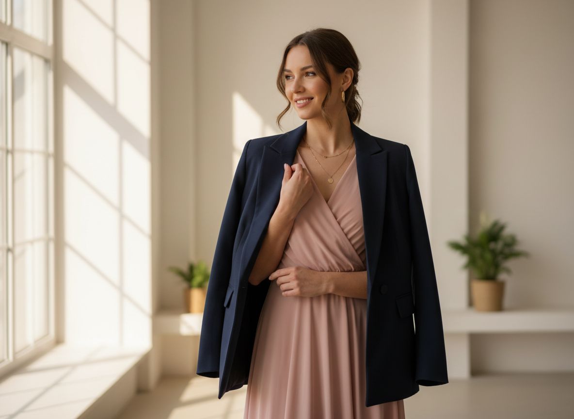 Žena v růžových šatech a tmavě modrém saku stojí v elegantní světlé místnosti, usmívá se.