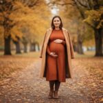 Těhotná žena v rezavých těhotenských šatech a béžovém kabátu v podzimním parku