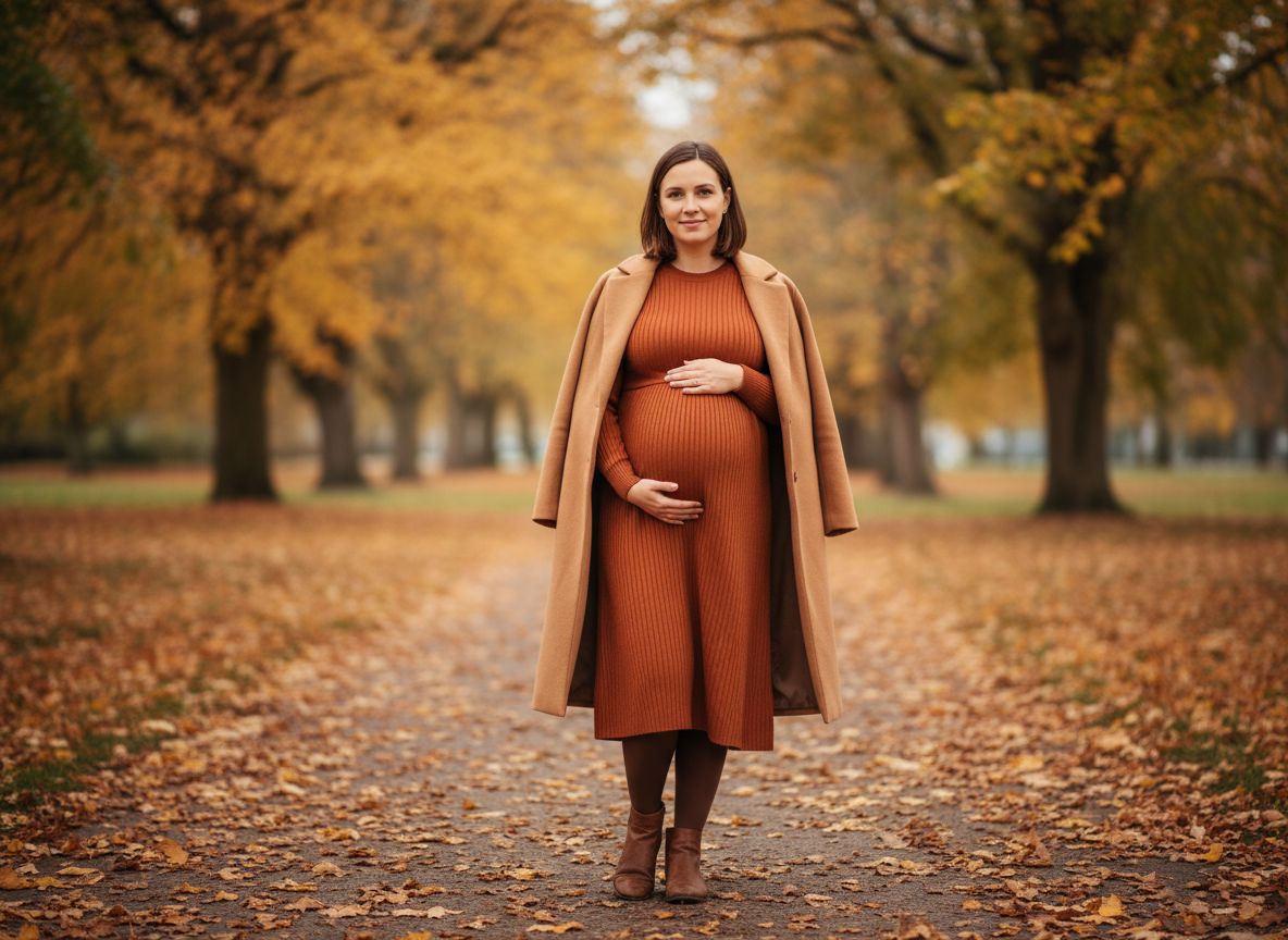 Těhotná žena v rezavých těhotenských šatech a béžovém kabátu v podzimním parku