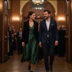 Elegantní pár přichází do koncertního sálu; žena má zelené šaty, muž modrý oblek.
