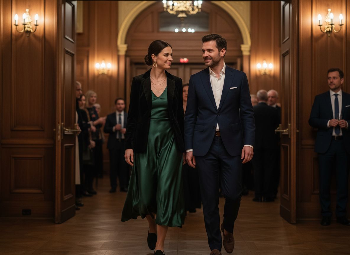 Elegantní pár přichází do koncertního sálu; žena má zelené šaty, muž modrý oblek.